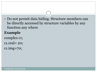  Do not permit data hiding. Structure members can

be directly accessed by structure variables by any
function any where
Example
complex c1;
c1.real= 20;
c1.img=70;

Compiled By: Kamal Acharya

 