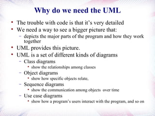 Why do we need the UML

The trouble with code is that it’s very detailed

We need a way to see a bigger picture that:
− depicts the major parts of the program and how they work
together

UML provides this picture.

UML is a set of different kinds of diagrams
− Class diagrams

show the relationships among classes
− Object diagrams

show how specific objects relate,
− Sequence diagrams

show the communication among objects over time
− Use case diagrams

show how a program’s users interact with the program, and so on
 