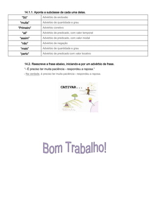 14.1.1. Aponta a subclasse de cada uma delas.
  “Só”             Advérbio de exclusão

 “muita”           Advérbio de quantidade e grau

“Primeiro”         Advérbio conetivo

   “ali”           Advérbio de predicado, com valor temporal

 “assim”           Advérbio de predicado, com valor modal

  “não”            Advérbio de negação

 “mais”            Advérbio de quantidade e grau

 “perto”           Advérbio de predicado com valor locativo



     14.2. Reescreve a frase abaixo, iniciando-a por um advérbio de frase.
     “- É preciso ter muita paciência - respondeu a raposa.”
    - Na verdade, é preciso ter muita paciência - respondeu a raposa.
 