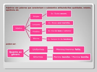 Adjetivos são palavras que caracterizam o substantivo atribuindo-lhes qualidades, estados,
aparência, etc.




podem ser:
 
