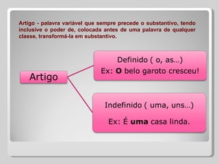 Artigo - palavra variável que sempre precede o substantivo, tendo
inclusive o poder de, colocada antes de uma palavra de qualquer
classe, transformá-la em substantivo.
 