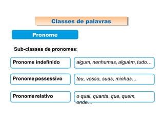 Pronome
Classes de palavrasClasses de palavras
Sub-classes de pronomes:
Pronome indefinido algum, nenhumas, alguém, tudo…
Pronomepossessivo teu, vosso, suas, minhas…
Pronomerelativo o qual, quanta, que, quem,
onde…
 