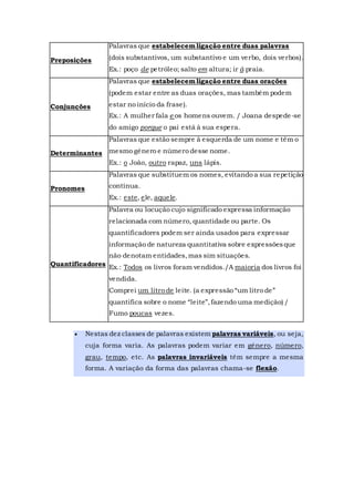 Preposições
Palavras que estabelecemligação entre duas palavras
(dois substantivos, um substantivo e um verbo, dois verbos).
Ex.: poço de petróleo; salto em altura; ir à praia.
Conjunções
Palavras que estabelecemligação entre duas orações
(podem estar entre as duas orações, mas também podem
estar no início da frase).
Ex.: A mulher fala e os homens ouvem. / Joana despede-se
do amigo porque o pai está à sua espera.
Determinantes
Palavras que estão sempre à esquerda de um nome e têm o
mesmo género e número desse nome.
Ex.: o João, outro rapaz, uns lápis.
Pronomes
Palavras que substituem os nomes, evitando a sua repetição
contínua.
Ex.: este, ele, aquele.
Quantificadores
Palavra ou locução cujo significado expressa informação
relacionada com número, quantidade ou parte. Os
quantificadores podem ser ainda usados para expressar
informação de natureza quantitativa sobre expressõesque
não denotam entidades,mas sim situações.
Ex.: Todos os livros foram vendidos./A maioria dos livros foi
vendida.
Comprei um litro de leite. (a expressão “um litro de”
quantifica sobre o nome “leite”,fazendo uma medição) /
Fumo poucas vezes.
 Nestas dez classes de palavras existem palavras variáveis, ou seja,
cuja forma varia. As palavras podem variar em género, número,
grau, tempo, etc. As palavras invariáveis têm sempre a mesma
forma. A variação da forma das palavras chama-se flexão.
 