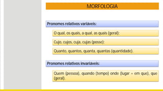 MORFOLOGIA
Pronomes relativos variáveis:
O qual, os quais, a qual, as quais (geral);
Cujo, cujos, cuja, cujas (posse);
Quem (pessoa), quando (tempo) onde (lugar = em que), que
(geral).
Quanto, quantos, quanta, quantas (quantidade).
Pronomes relativos invariáveis:
 