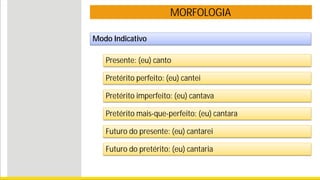MORFOLOGIA
Modo Indicativo
Presente: (eu) canto
Pretérito perfeito: (eu) cantei
Pretérito imperfeito: (eu) cantava
Pretérito mais-que-perfeito: (eu) cantara
Futuro do presente: (eu) cantarei
Futuro do pretérito: (eu) cantaria
 