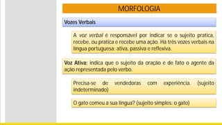 MORFOLOGIA
Vozes Verbais
A voz verbal é responsável por indicar se o sujeito pratica,
recebe, ou pratica e recebe uma ação. Há três vozes verbais na
língua portuguesa: ativa, passiva e reflexiva.
Voz Ativa: indica que o sujeito da oração é de fato o agente da
ação representada pelo verbo.
Precisa-se de vendedoras com experiência. (sujeito
indeterminado)
O gato comeu a sua língua? (sujeito simples: o gato)
 