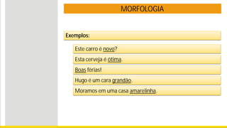 MORFOLOGIA
Exemplos:
Este carro é novo?
Esta cerveja é ótima.
Boas férias!
Hugo é um cara grandão.
Moramos em uma casa amarelinha.
 