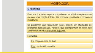 MORFOLOGIA
5. PRONOME
Pronome é a palavra que acompanha ou substitui uma palavra ou
mesmo uma oração inteira. Há pronomes variáveis e pronomes
invariáveis.
Os pronomes que substituem seres podem ser chamados de
pronomes substantivos. Aqueles que acompanham os seres são
também chamados pronomes adjetivos.
Exemplos:
Ele chegou à casa de José.
Esta rua é muito estreita.
 