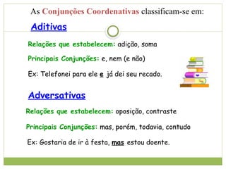 Aditivas
Relações que estabelecem: adição, soma
Principais Conjunções: e, nem (e não)
Ex: Telefonei para ele e já dei seu recado.
Adversativas
Relações que estabelecem: oposição, contraste
Principais Conjunções: mas, porém, todavia, contudo
Ex: Gostaria de ir à festa, mas estou doente.
As Conjunções Coordenativas classificam-se em:
 