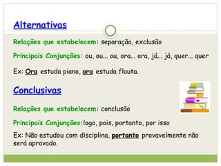 Alternativas
Relações que estabelecem: separação, exclusão
Principais Conjunções: ou, ou... ou, ora... ora, já... já, quer... quer
Ex: Ora estuda piano, ora estuda flauta.
Conclusivas
Relações que estabelecem: conclusão
Principais Conjunções:logo, pois, portanto, por isso
Ex: Não estudou com disciplina, portanto provavelmente não
será aprovado.
 