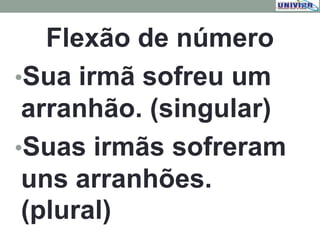 Flexão de número
•Sua irmã sofreu um
arranhão. (singular)
•Suas irmãs sofreram
uns arranhões.
(plural)
 