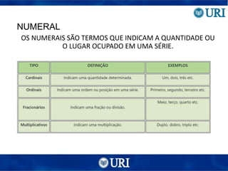 NUMERAL
OS NUMERAIS SÃO TERMOS QUE INDICAM A QUANTIDADE OU
O LUGAR OCUPADO EM UMA SÉRIE.
 