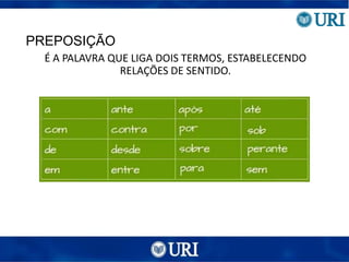 PREPOSIÇÃO
É A PALAVRA QUE LIGA DOIS TERMOS, ESTABELECENDO
RELAÇÕES DE SENTIDO.
 
