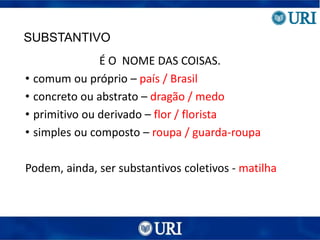 SUBSTANTIVO
É O NOME DAS COISAS.
• comum ou próprio – país / Brasil
• concreto ou abstrato – dragão / medo
• primitivo ou derivado – flor / florista
• simples ou composto – roupa / guarda-roupa
Podem, ainda, ser substantivos coletivos - matilha
 