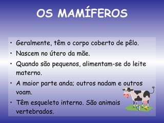 OS MAMÍFEROS Geralmente, têm o corpo coberto de pêlo. Nascem no útero da mãe. Quando são pequenos, alimentam-se do leite materno. A maior parte anda; outros nadam e outros voam. Têm esqueleto interno. São animais vertebrados. 