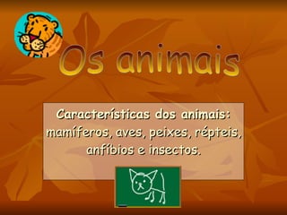 Características dos animais:  mamíferos, aves, peixes, répteis, anfíbios e insectos. Os animais 