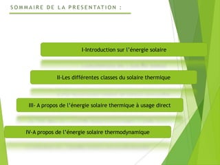 II-Les différentes classes du solaire thermique
III- A propos de l’énergie solaire thermique à usage direct
IV-A propos de l’énergie solaire thermodynamique
I-Introduction sur l’énergie solaire
 