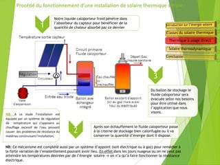 2
Notre liquide caloporteur froid pénètre dans
l’absorbeur du capteur pour bénéficier de la
quantité de chaleur absorbé par ce dernier
Après son échauffement le fluide caloporteur passe
à la citerne de stockage bien calorifugée ou il va
conserver la quantité d’énergie dont il dispose.
1
Procédé du fonctionnement d’une installation de solaire thermique simple :
NB: A ce stade l’installation est
équipée par un système de régulation
de température qui s’opposera au
chauffage excessif de l’eau pouvant
causer des problèmes de résistance du
matériau construisant l’installation,
Du ballon de stockage le
fluide caloporteur sera
évacuée selon nos besoins
pour être utilisé dans
l’application que nous
visons.
3
NB: Ce mécanisme est complété aussi par un système d’appoint (soit électrique ou à gaz) pour remédier à
la forte variation de l’ensoleillement pouvant avoir lieu. En effet dans les jours nuageux ou on ne peut pas
atteindre les températures désirées par de l’énergie solaire → on n’a qu’à faire fonctionner la résistance
électrique.
 