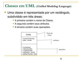 Classes em UML (Unified Modeling Language)
   Uma classe é representada por um rectângulo,
    subdividido em três áreas:...