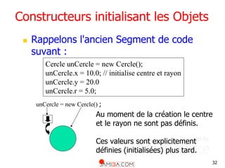 32
Constructeurs initialisant les Objets
 Rappelons l'ancien Segment de code
suvant :
Cercle unCercle = new Cercle();
unCercle.x = 10.0; // initialise centre et rayon
unCercle.y = 20.0
unCercle.r = 5.0;
unCercle = new Cercle() ;
Au moment de la création le centre
et le rayon ne sont pas définis.
Ces valeurs sont explicitement
définies (initialisées) plus tard.
 