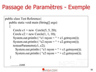 58
Passage de Paramètres - Exemple
public class Test Reference{
public static void main (String[] args)
{
Cercle c1 = new Cercle(5, 5, 20);
Cercle c2 = new Cercle(1, 1, 10);
System.out.println ( “c1 rayon = “ + c1.getrayon());
System.out.println ( “c2 rayon = “ + c2.getrayon());
testeurParametre(c1, c2);
System.out.println ( “c1 rayon = “ + c1.getrayon());
System.out.println ( “c2 rayon = “ + c2.getrayon());
}
…….. cont
 