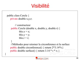 68
Visibilité
public class Cercle {
private double x,y,r;
// constructeur
public Cercle (double x, double y, double r) {
this.x = x;
this.y = y;
this.r = r;
}
//Méthodes pour retorner la circonference et la surface
public double circonference() { return 2*3.14*r;}
public double surface() { return 3.14 * r * r; }
}
 