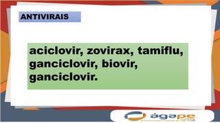 ANTIVIRAIS
aciclovir, zovirax, tamiflu,
ganciclovir, biovir,
ganciclovir.
 