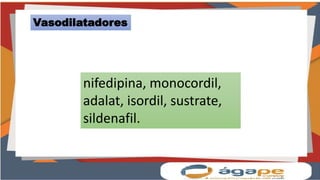nifedipina, monocordil,
adalat, isordil, sustrate,
sildenafil.
Vasodilatadores
 