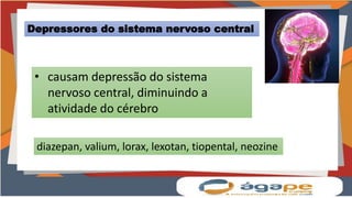 Depressores do sistema nervoso central
• causam depressão do sistema
nervoso central, diminuindo a
atividade do cérebro
diazepan, valium, lorax, lexotan, tiopental, neozine
 