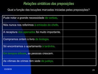Relações sintáticas das preposições Qual a função das locuções marcadas iniciadas pelas preposições? As vítimas de crimes têm sede  de justiça . Em tempos difíceis , as pessoas crescem. Só encontramos o apartamento  à tardinha . Compramos ontem o livro  de biologia . A recaptura  dos apenados  foi muito importante. Nós nunca nos referimos  à   omissão   do chefe . Pude notar a grande necessidade  de verbas . 