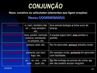 CONJUNÇÃO   Nexo, conetivo ou articulador (elementos que ligam orações) Nexos COORDENADOS Nexos COORDENADOS Ou  Nei entrega as provas do crime,  ou  ele não poderá acusar ninguém. ou ... ou; ora ... ora; quer ... quer; etc. ALTERNATIVA Rui estudou muito,  portanto  foi aprovado com facilidade. portanto; por isso; logo; etc. CONCLUSIVAS Rui foi aprovado,  porque  estudou muito. porque; pois; etc. EXPLICATIVAS A equipe jogou bem,  mas  perdeu a partida. mas; porém; contudo; todavia; entretanto; no entanto; etc. ADVERSATIVAS Ana estuda biologia  e  toma suco de laranja e; nem; também;não só ... mas também; etc. ADITIVAS 