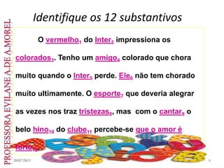 Identifique os 12 substantivos
20/07/2015 6
O vermelho1 do Inter2 impressiona os
colorados3. Tenho um amigo4 colorado que chora
muito quando o Inter5 perde. Ele6 não tem chorado
muito ultimamente. O esporte7 que deveria alegrar
as vezes nos traz tristezas8, mas com o cantar9 o
belo hino10 do clube11 percebe-se que o amor é
forte12.
 