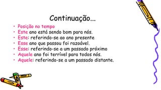 Continuação...
• Posição no tempo
• Este ano está sendo bom para nós.
• Este: referindo-se ao ano presente
• Esse ano que passou foi razoável.
• Esse: referindo-se a um passado próximo
• Aquele ano foi terrível para todos nós.
• Aquele: referindo-se a um passado distante.
 