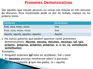 Pronomes Demonstrativos
São aqueles que situam pessoas ou coisas em relação às três pessoas
do discurso. Essa localização pode se dar no tempo, espaço ou no
próprio texto.
🞂 Há outras palavras que podem aparecer como pronomes
demonstrativos: Mesmo, mesma, mesmos, mesmas, tal, tais,
próprio, próprias, próprios, próprias, o, a, os, as, semelhante,
semelhantes.
Exemplos:
🞂 Ninguém esperava tal nota no vestibular. (tal » esta)
🞂 As mesmas pessoas resolveram aderir à passeata.
🞂 Ele fez justamente o que não podia. (o » aquilo)
Variáveis Invariáveis
Este, esta, estes, estas Isto
Esse, essa, esses, essas Isso
Aquele, aquela, aqueles, aquelas Aquilo
 