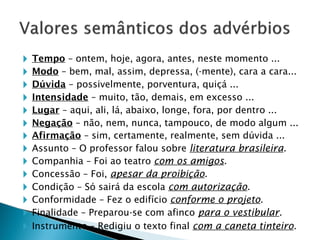 🞂 Tempo – ontem, hoje, agora, antes, neste momento ...
🞂 Modo – bem, mal, assim, depressa, (-mente), cara a cara...
🞂 Dúvida – possivelmente, porventura, quiçá ...
🞂 Intensidade – muito, tão, demais, em excesso ...
🞂 Lugar – aqui, ali, lá, abaixo, longe, fora, por dentro ...
🞂 Negação – não, nem, nunca, tampouco, de modo algum ...
🞂 Afirmação – sim, certamente, realmente, sem dúvida ...
🞂 Assunto – O professor falou sobre literatura brasileira.
🞂 Companhia – Foi ao teatro com os amigos.
🞂 Concessão – Foi, apesar da proibição.
🞂 Condição – Só sairá da escola com autorização.
🞂 Conformidade – Fez o edifício conforme o projeto.
🞂 Finalidade – Preparou-se com afinco para o vestibular.
🞂 Instrumento – Redigiu o texto final com a caneta tinteiro.
 