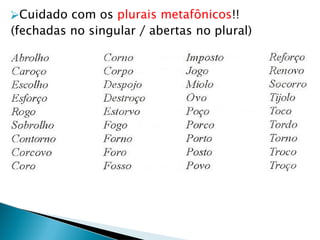 ⮚Cuidado com os plurais metafônicos!!
(fechadas no singular / abertas no plural)
 