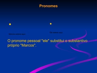 Pronomes
•
Marcos esteve aqui.
•
Ele esteve aqui.
O pronome pessoal "ele" substitui o substantivo
próprio "Marcos".
 
