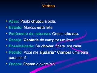 Verbos
• Ação: Paulo chutou a bola.
• Estado: Marcos está feliz.
• Fenômeno da natureza: Ontem choveu.
• Desejo: Gostaria de comprar um livro.
• Possibilidade: Se chover, ficarei em casa.
• Pedido: Você me ajudaria? Compra uma bala
para mim?
• Ordem: Façam o exercício!
 