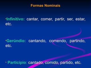 Formas Nominais
•Infinitivo: cantar, comer, partir, ser, estar,
etc.
•Gerúndio: cantando, comendo, partindo,
etc.
• Particípio: cantado, comido, partido, etc.
 