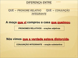 22/09/09 A moça  que vi  comprou a casa  que queimou . Nós vimos  que a verdade estava distorcida . CONJUNÇÃO INTEGRANTE  - oração substantiva PRONOMES RELATIVOS  - orações adjetivas 