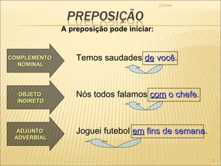 22/09/09 A preposição pode iniciar: Temos saudades  de  você . COMPLEMENTO  NOMINAL Nós todos falamos  com  o chefe . OBJETO  INDIRETO Joguei futebol  em  fins de semana . ADJUNTO  ADVERBIAL 