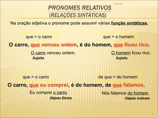 22/09/09 Na oração adjetiva o pronome pode assumir várias  função sintáticas . O carro,  que  venceu ontem , é do homem,  que  ficou rico .   O carro  venceu ontem.  que = o carro  que = o homem  O homem  ficou rico.  Sujeito   Sujeito   O carro,  que  eu comprei , é do homem, de  que  falamos .   Eu comprei  o carro .  que = o carro  de que = do homem  Nós falamos  do homem .  Objeto Direto Objeto indireto   
