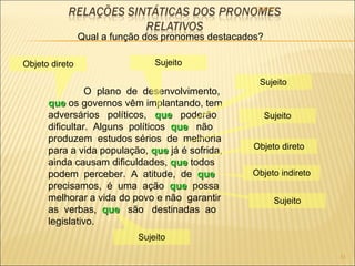 22/09/09 Qual a função dos pronomes destacados? O  plano  de  desenvolvimento,  que  os governos vêm implantando, tem adversários  políticos,  que   poderão dificultar.  Alguns  políticos  que   não produzem  estudos sérios  de  melhoria para a vida população,  que  já é sofrida, ainda causam dificuldades,  que  todos podem  perceber.  A  atitude,  de  que  precisamos,  é  uma  ação  que   possa melhorar a vida do povo e não  garantir as  verbas,  que   são  destinadas  ao legislativo. Objeto direto Sujeito Sujeito Sujeito Objeto direto Objeto indireto Sujeito Sujeito 