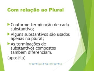 Com relação ao Plural
Conforme terminação de cada
substantivo;
Alguns substantivos são usados
apenas no plural;
As terminações de
substantivos compostos
também diferenciam.
(apostila)
 