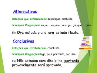 Alternativas
Relações que estabelecem: separação, exclusão
Principais Conjunções: ou, ou... ou, ora... ora, já... já, quer... quer
Ex: Ora estuda piano, ora estuda flauta.
Conclusivas
Relações que estabelecem: conclusão
Principais Conjunções:logo, pois, portanto, por isso
Ex: Não estudou com disciplina, portanto
provavelmente será aprovado.
 