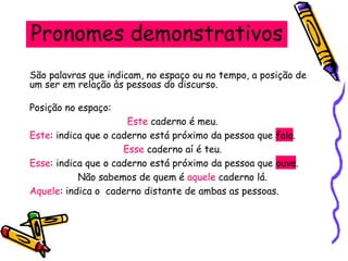 Pronomes demonstrativos
São palavras que indicam, no espaço ou no tempo, a posição de
um ser em relação às pessoas do discurso.
Posição no espaço:
Este caderno é meu.
Este: indica que o caderno está próximo da pessoa que fala.
Esse caderno aí é teu.
Esse: indica que o caderno está próximo da pessoa que ouve.
Não sabemos de quem é aquele caderno lá.
Aquele: indica o caderno distante de ambas as pessoas.
 