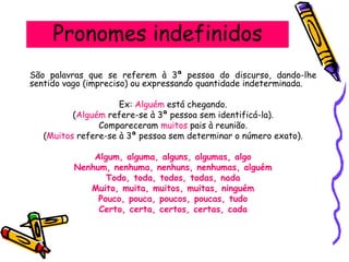 Pronomes indefinidos
São palavras que se referem à 3ª pessoa do discurso, dando-lhe
sentido vago (impreciso) ou expressando quantidade indeterminada.
Ex: Alguém está chegando.
(Alguém refere-se à 3ª pessoa sem identificá-la).
Compareceram muitos pais à reunião.
(Muitos refere-se à 3ª pessoa sem determinar o número exato).
Algum, alguma, alguns, algumas, algo
Nenhum, nenhuma, nenhuns, nenhumas, alguém
Todo, toda, todos, todas, nada
Muito, muita, muitos, muitas, ninguém
Pouco, pouca, poucos, poucas, tudo
Certo, certa, certos, certas, cada
 