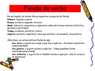 Flexão do verbo
Em português, os verbos têm as seguintes categorias de flexão:
Número: singular e plural.
Pessoa: primeira, segunda, terceira.
Modo: indicativo, subjuntivo e imperativo, além das formas nominais (infinitivo,
gerúndio e particípio).
Tempo: presente, pretérito, futuro.
Aspecto: perfeito, imperfeito, mais-que-perfeito, do presente, do pretérito.
Além disso, os verbos sofrem flexão de voz:
Voz ativa: o sujeito da oração é que faz a ação (ex.: Os alunos resolveram
todas questões).
Voz passiva: o sujeito recebe a ação (ex.: Todas questões foram
resolvidas pelos alunos).
Voz reflexiva: o sujeito faz e também recebe a ação (ex.: Ana se cortou e
se machucou).
 