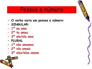 Pessoa e número
• O verbo varia em pessoa e número:
• SINGULAR:
• 1ª eu amo
• 2ª tu amas
• 3ª ele/ela ama
• PLURAL
• 1ª nós amamos
• 2ª vós amais
• 3ª eles/elas amam
 