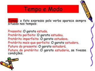 Tempo e Modo
Tempo: o fato expresso pelo verbo aparece sempre
situado nos tempos:
Presente: O garoto estuda.
Pretérito perfeito: O garoto estudou.
Pretérito imperfeito: O garoto estudava.
Pretérito mais-que-perfeito: O garoto estudara.
Futuro do presente: O garoto estudará.
Futuro do pretérito: O garoto estudaria, se tivesse
condições.
 
